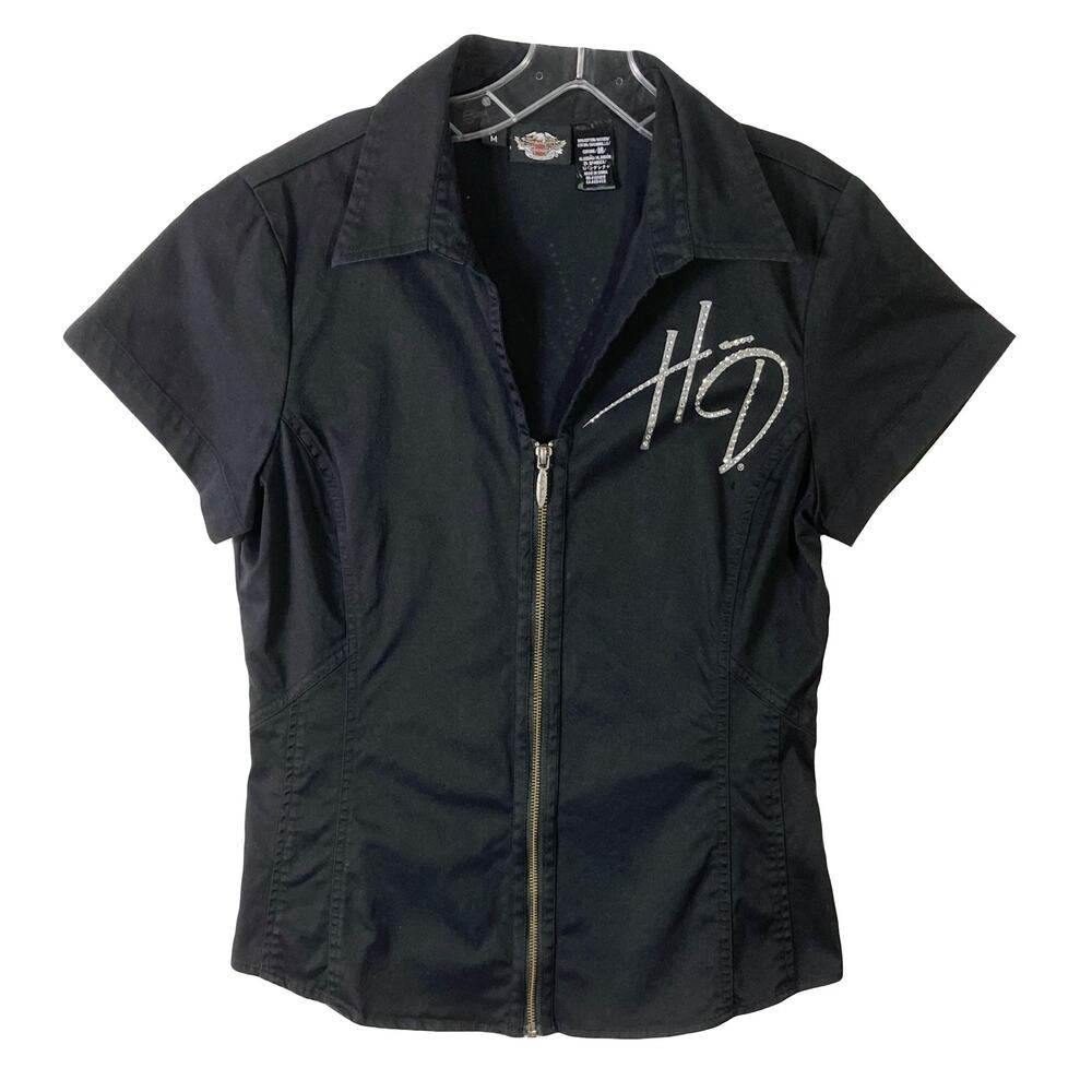 NWOT HARLEY DAVIDSON Top M Black Poplin Rhinestone Logo Silver Writing Zip Colar